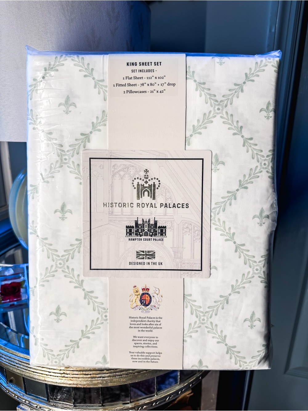 Historic Royal Palaces King Sheet Set Fleur de Lis Sage NWT Cotton Deep Pocket